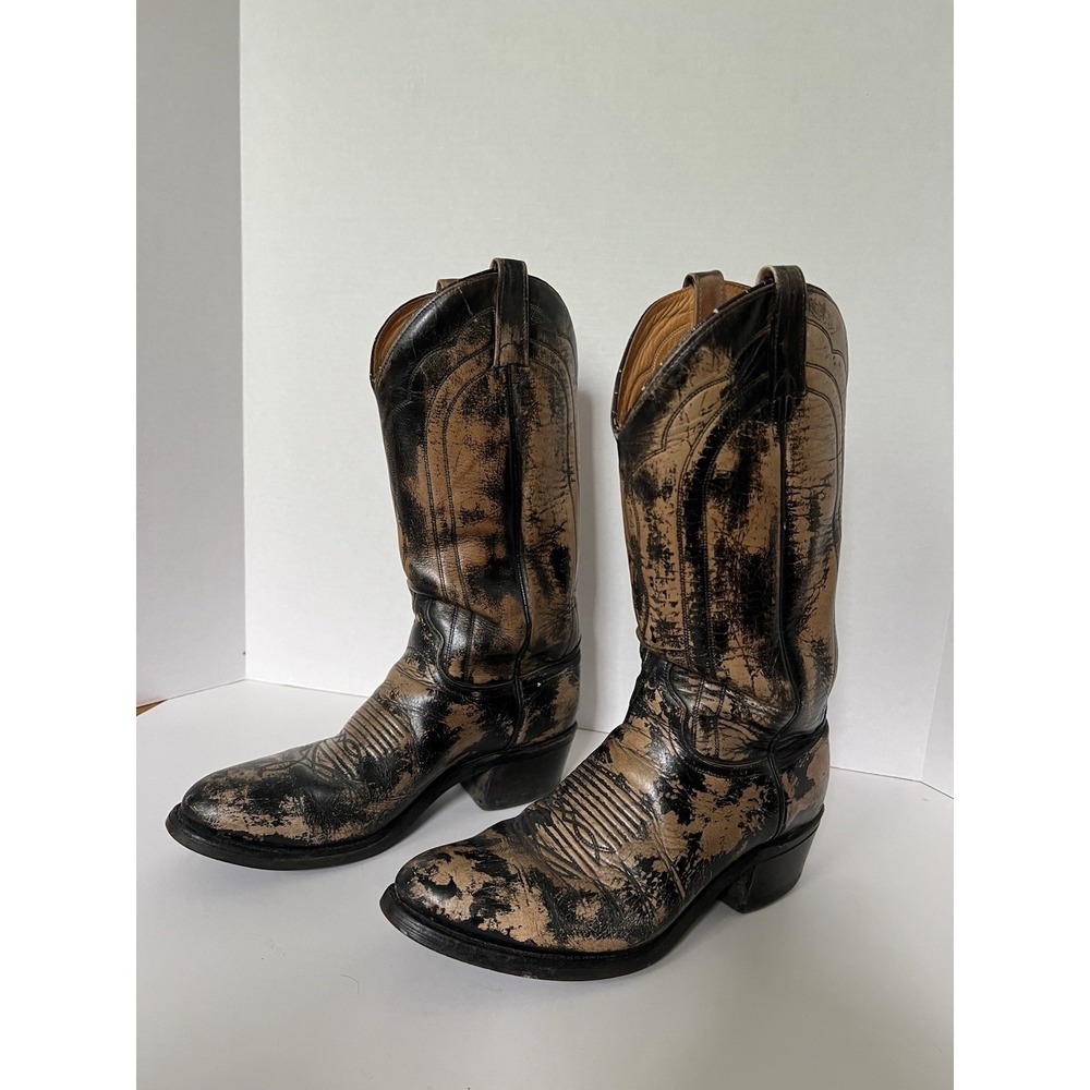 J Chisholm Distressed Tan Black Western Leather Cowboy Boots USA Mens 9D